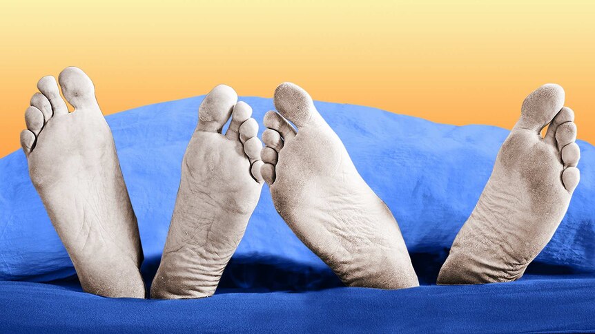 Stylised pairs of feet in a bed