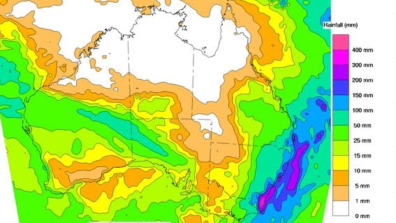 A colourful map of Australia showing expected rainfall