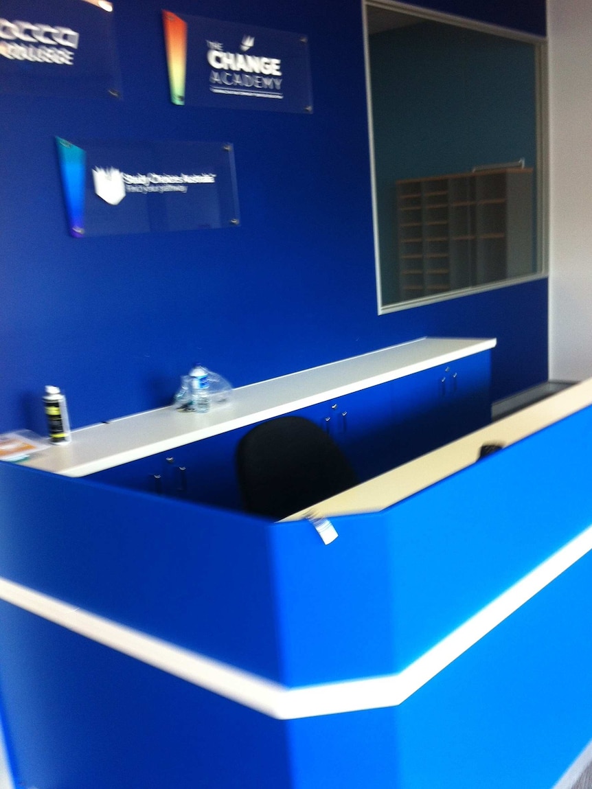 An empty reception desk at the Corio Evocca College campus near Geelong.