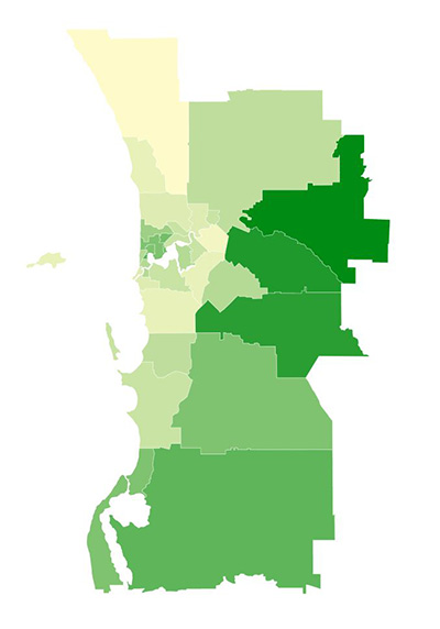 A map of Perth with areas shaded green