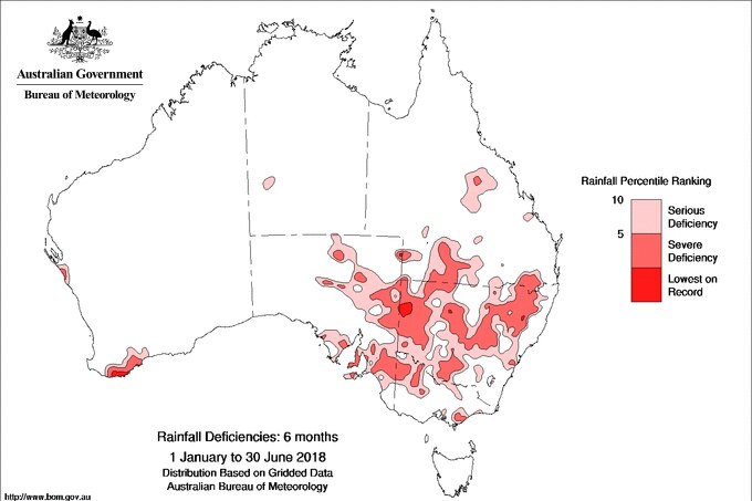 A map showing areas of rainfall shortfall in red.
