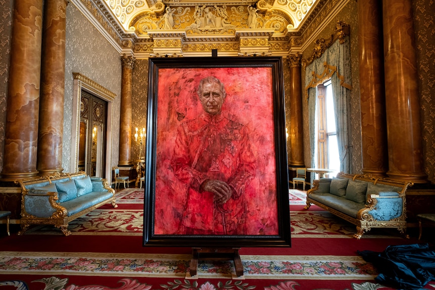 A big painting frame in the middle of a big palace room