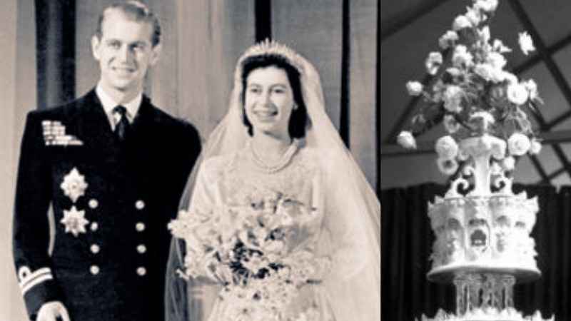 a composite image of queen elizabeth and prince philip's wedding and the top of their wedding cake