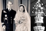 a composite image of queen elizabeth and prince philip's wedding and the top of their wedding cake