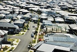 A bird's eye view of dozens of homes in a suburb, with a frame of one house being constructed.
