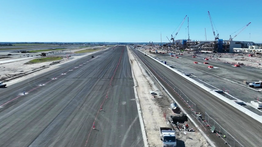 An aerial shot of the construction of a new airport in Sydney.