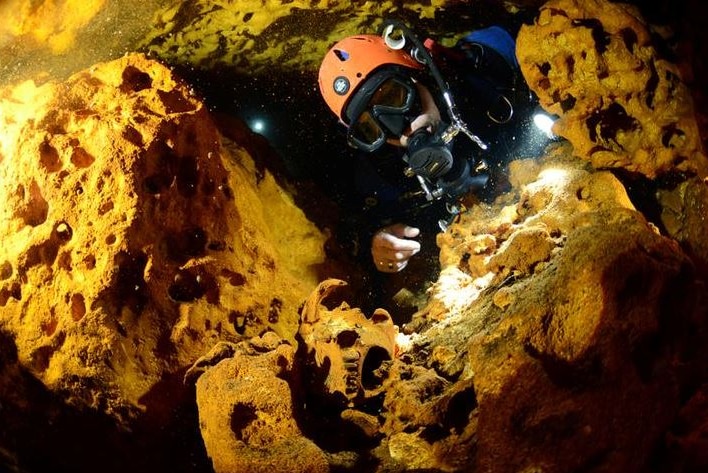A scuba diver is surrounded by rock as they looks at an animal skull at Sac Actun underwater cave system.