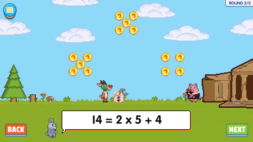 A screenshot of a maths game shows a goat and pig; 2 groups of coins in the air; and a number sentence representing the coins.