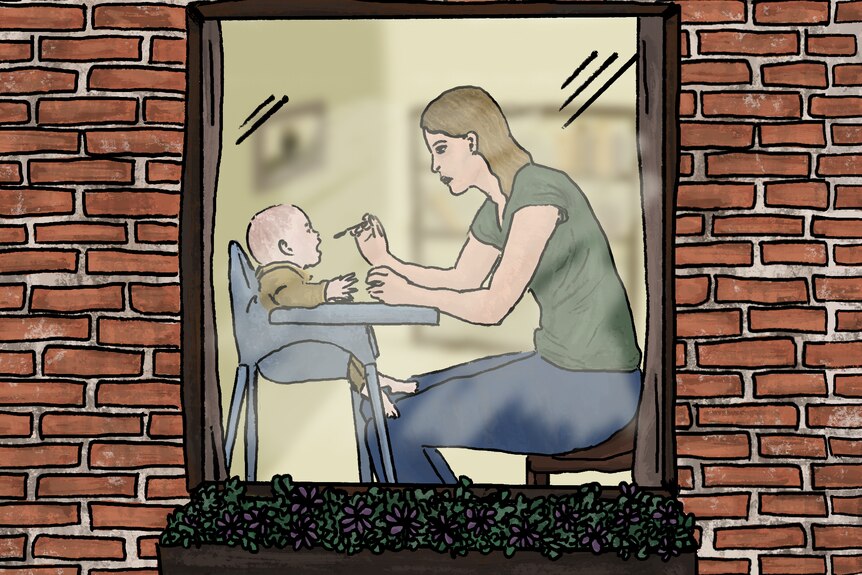 Illustration of a woman feeding her baby as seen through a window 
