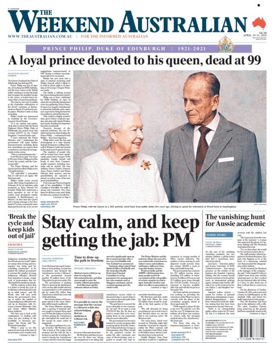 The front page of The Australian newspaper the day after the death of Prince Philip.