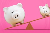 Two piggy banks on a see-saw, a larger pig weighing a side down, the challenge of financial equality in relationships.