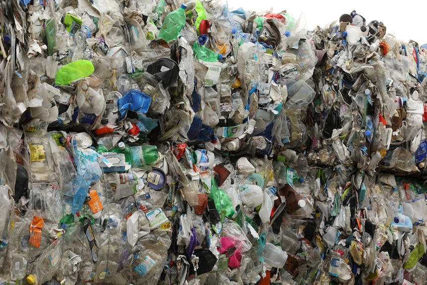 Rectangular bales of plastic recyclables stacked on top of each other.