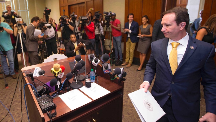 Louisiana Attorney General Jeff Landry approaches the lectern to speak.