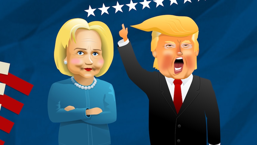 Illustration shows caricatures of US presidential candidates Hillary Clinton and Donald Trump.