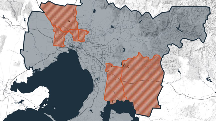 A map of Melbourne highlighting the six local government areas that have recorded the most coronavirus cases in June.