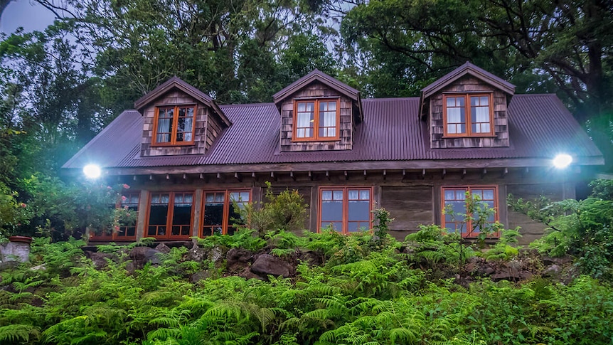 An old wooden cottage with lights on surrounded by lush green rainforest