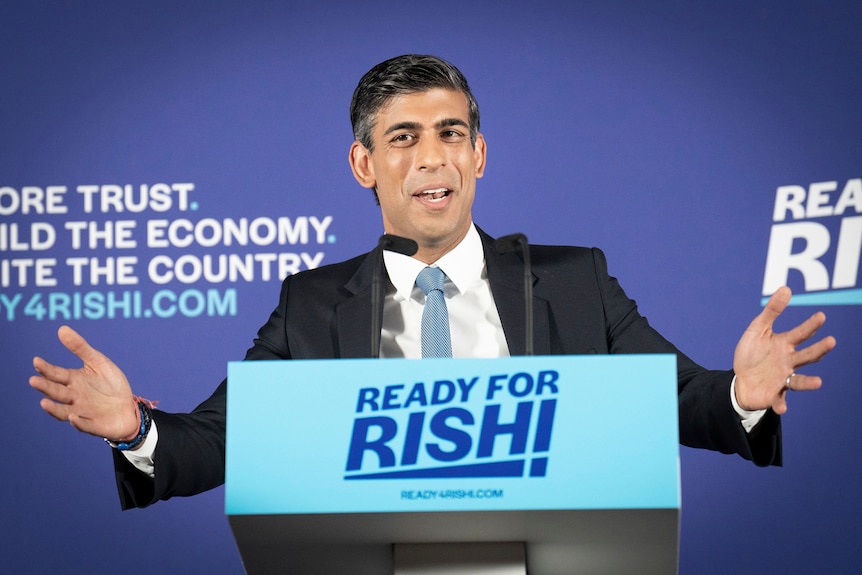 British Treasury chief Rishi Sunak speaks at the launch of his campaign to be Conservative Party leader.