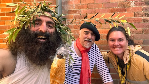 Costa, Yanni and teacher in toga and french beret dress up.