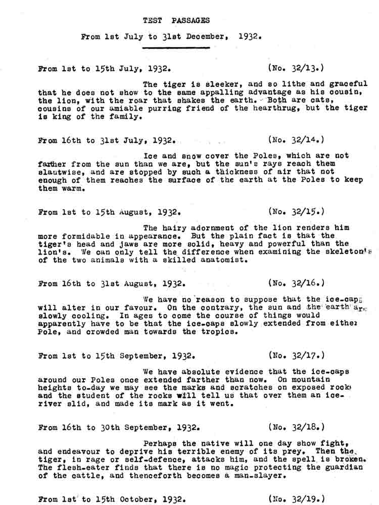 Test passages from the dictation test used to enforce discriminatory immigration policy, dated 1932