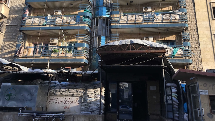 Sandbagged hospital in Aleppo