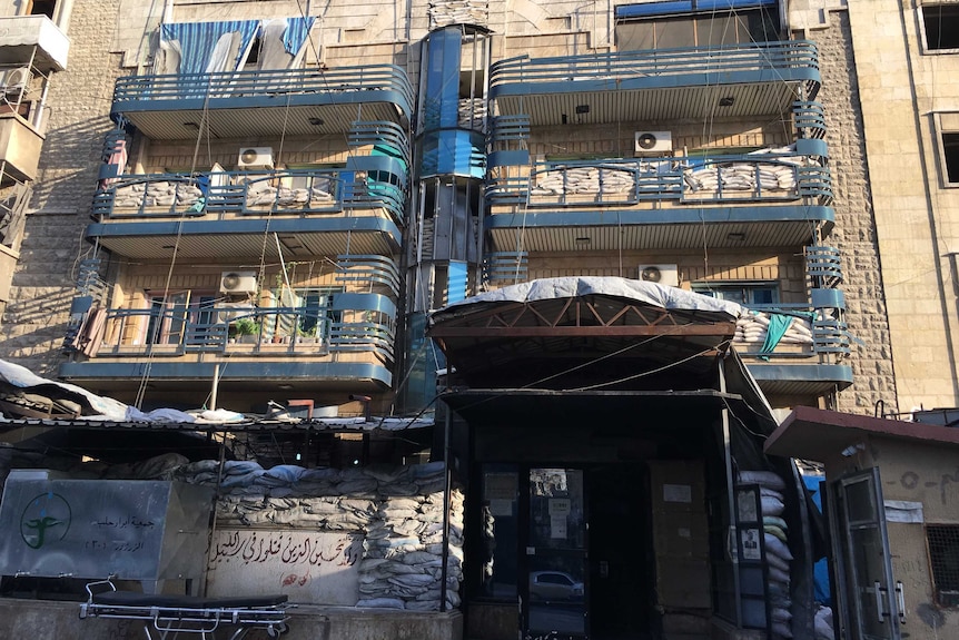 Sandbagged hospital in Aleppo