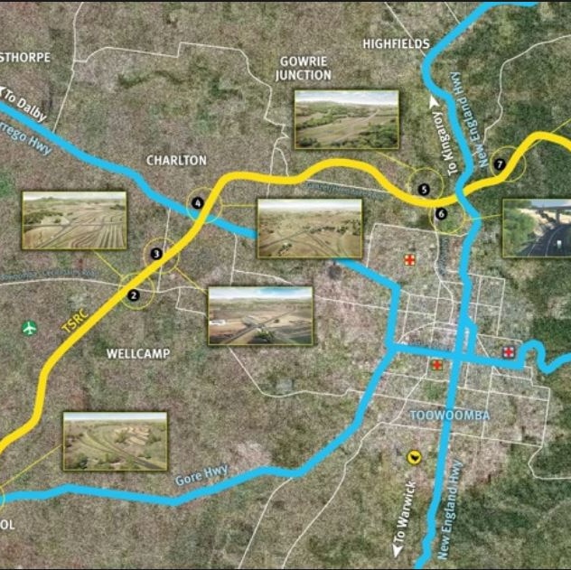 map of Toowoomba region with lines marking highways and proposed bypass