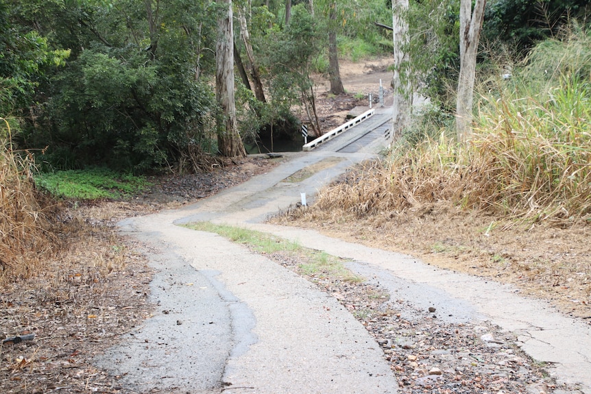 A road leading down to a bridge, where the grass on the side of the road had been burnt by roundup weed killer