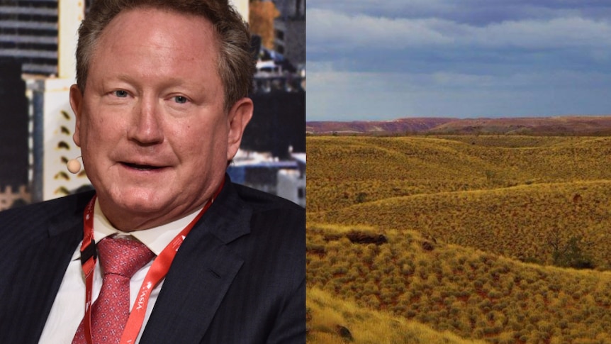 A composite image of Andrew Forrest wearing a suit and the Yindjibarndi land covered in scrub.