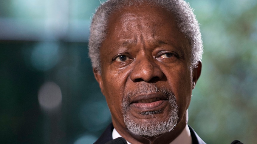 UN special envoy Kofi Annan addresses media