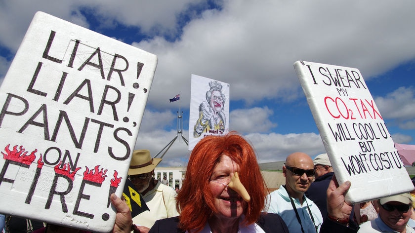 A protester wearing a Julia Gillard wig and fake nose at an anti-carbon tax rally in Canberra (Jeremy Thompson/ABC)