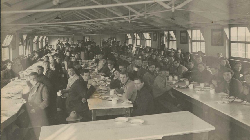 Soldiers eating in the cafeteria at Harefield Hospital