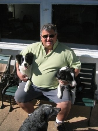 Man sitting on a bench wearing a green shirt with two dogs either side of him.