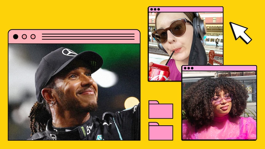 An illustrated computer desktop featuring a picture of Lewis Hamilton smiling, and the two authors of the article.