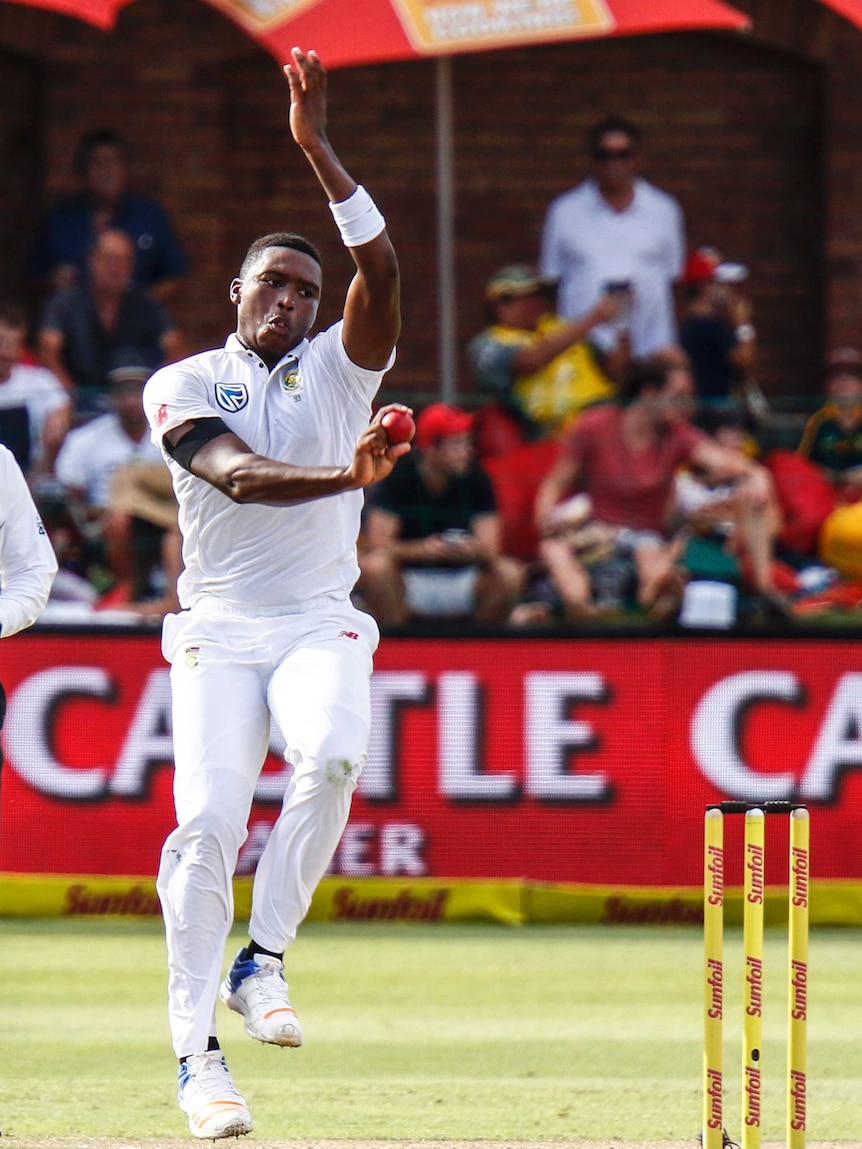 South Africa's Lundi Ngidi bowls on the third day of the the second test.