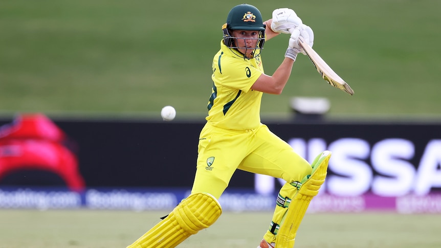 An Australian player hits to the off side during the Women's Cricket World Cup match against Pakistan.