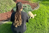 A woman with braided hair looks at a dog.