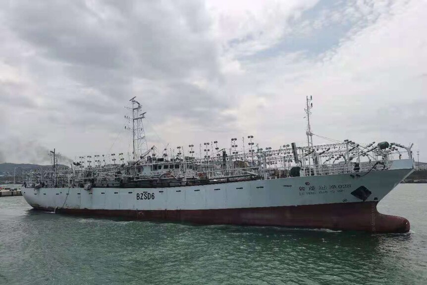 A large white fishing ship with a red hull sits in a calm green sea under grey sky.