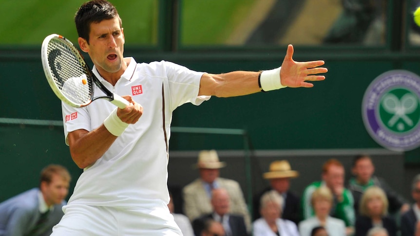 Novak Djokovic hits a winner against Florian Mayer