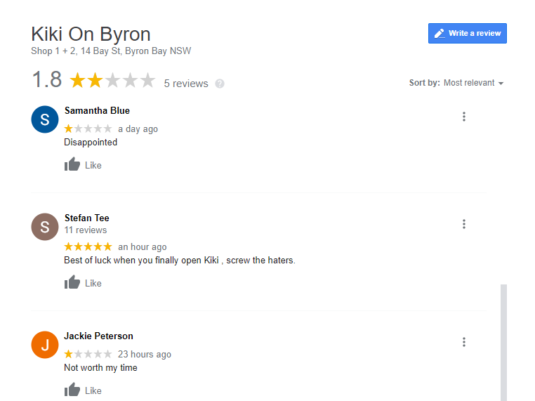 Screenshot of negative reviews on Google. One says 'Disappointed'. Another says 'not worth my time'.