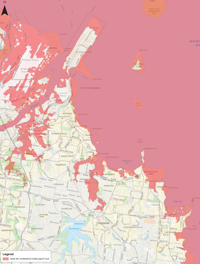 Wynnum and Raby Bay areas during a one-in-10,000 year tsunami taking into account rising sea levels due to climate change