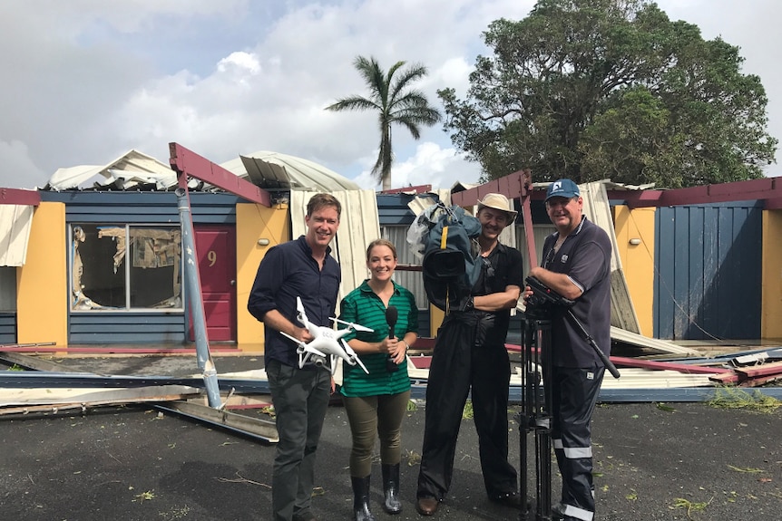 L-R: Jano Gibson and his drone with reporter Allyson Horn, cameraman Steve Cavenagh and links operator Dean Caton at Proserpine.