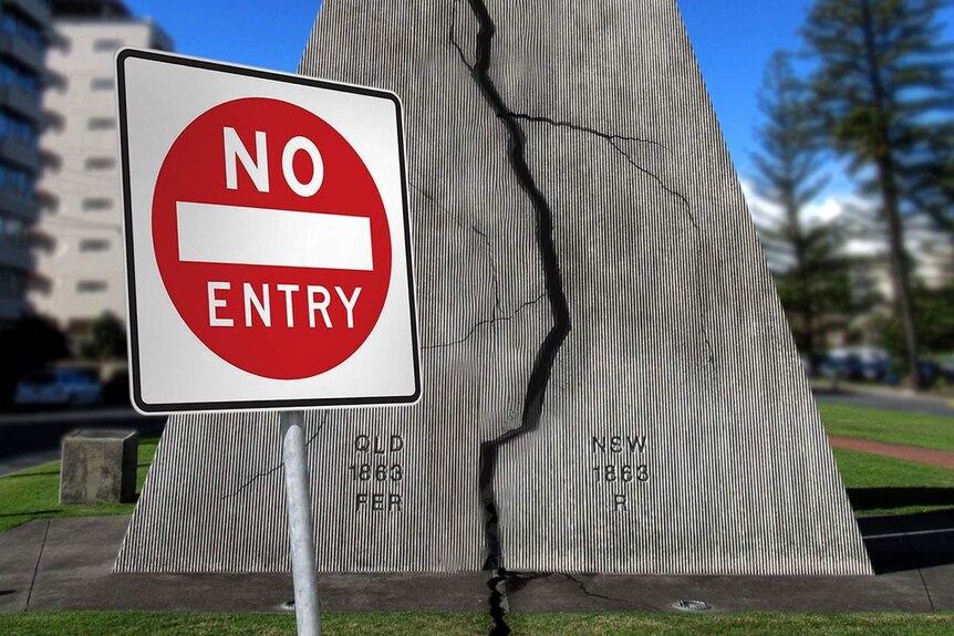 Graphic - with no entry sign at Queensland-New South Wales border at Coolangatta during the coronavirus pandemic.