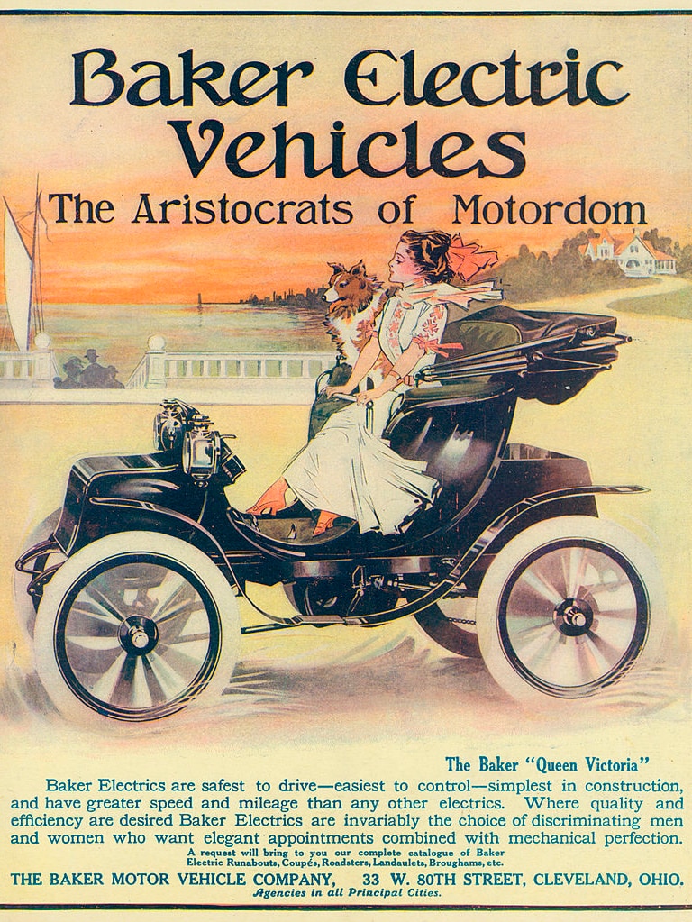 A 1909 electric car ad.  The headline copy reads 'Baker Electric Vehicles - The Aristocrats Of Motordom