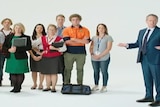 A screenshot from a Labor "Australians First' jobs ad shows Bill Shorten with a group of white Australians.