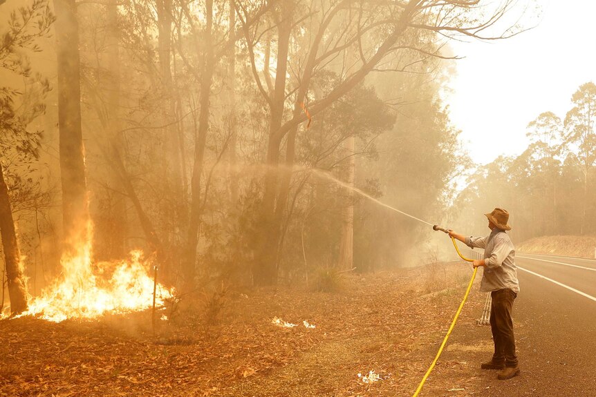 A man is seen holding a hose and pointing it at a fire starting at the base of trees along the side of the road.
