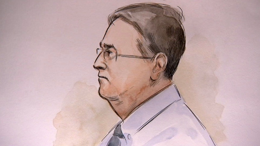 A side-on court sketch of accused Claremont serial killer Bradley Robert Edwards wearing spectacles and a shirt and tie.