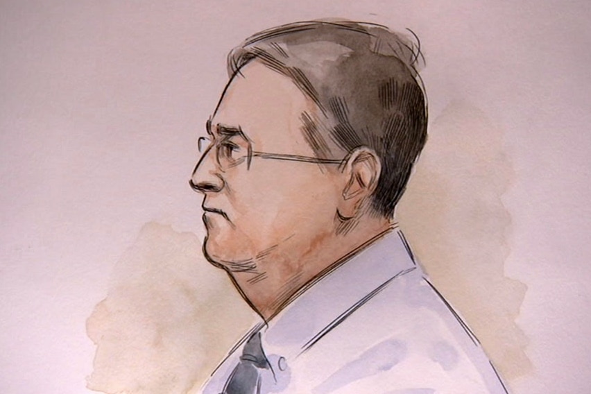 A side-on court sketch of accused Claremont serial killer Bradley Robert Edwards wearing spectacles and a shirt and tie.