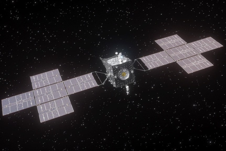 A spacecraft with X-shaped solar panels against a starfield