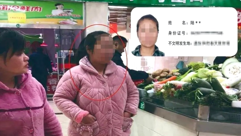 A woman wearing pink PJs is seen walking through the markets. The photo is annotated with redacted personal information.