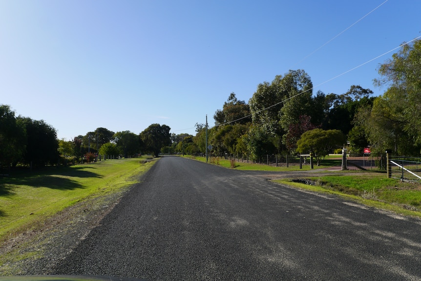 A photo of a suburban street, lined with trees.